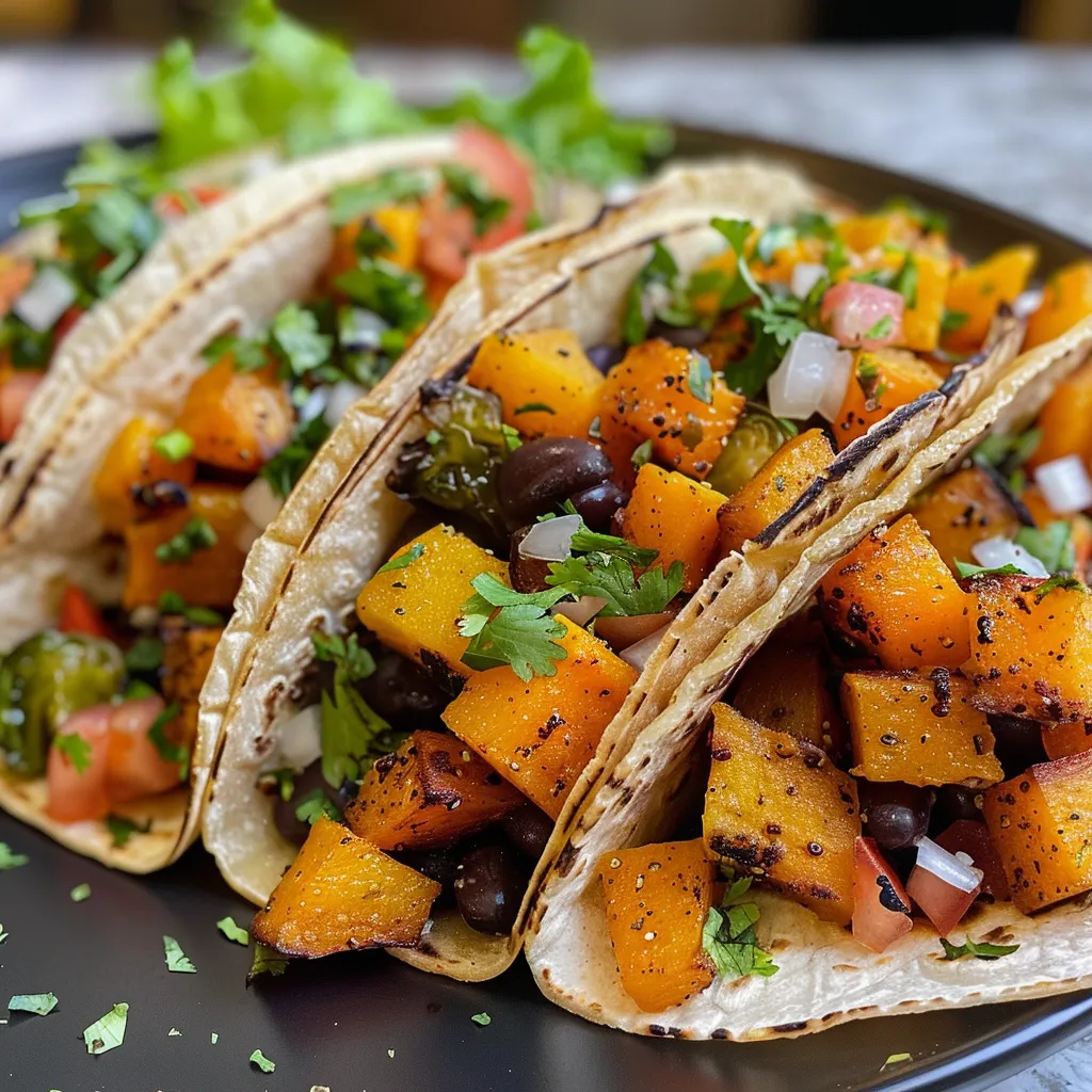 ['Close-up view of Roasted Butternut Squash and Black Bean Tacos on a plate with colorful toppings.', 'Juicy tacos filled with roasted butternut squash and black beans, garnished with fresh vegetables.', 'Side view of tacos showcasing roasted butternut squash, black beans, and vibrant optional toppings.', 'A detailed look at Roasted Butternut Squash and Black Bean Tacos with assorted toppings ready to eat.']