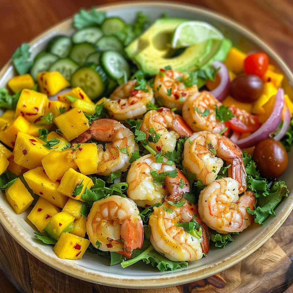 ['A vibrant shrimp mango salad featuring colorful ingredients arranged in a bowl.', 'A close-up view of fresh shrimp and mango salad with mixed greens and sliced avocado.', 'A juicy shrimp mango salad showcasing ripe mango cubes, cherry tomatoes, and cilantro.', 'A side view of a fresh salad with shrimp, mango, and assorted vegetables, displayed beautifully.']