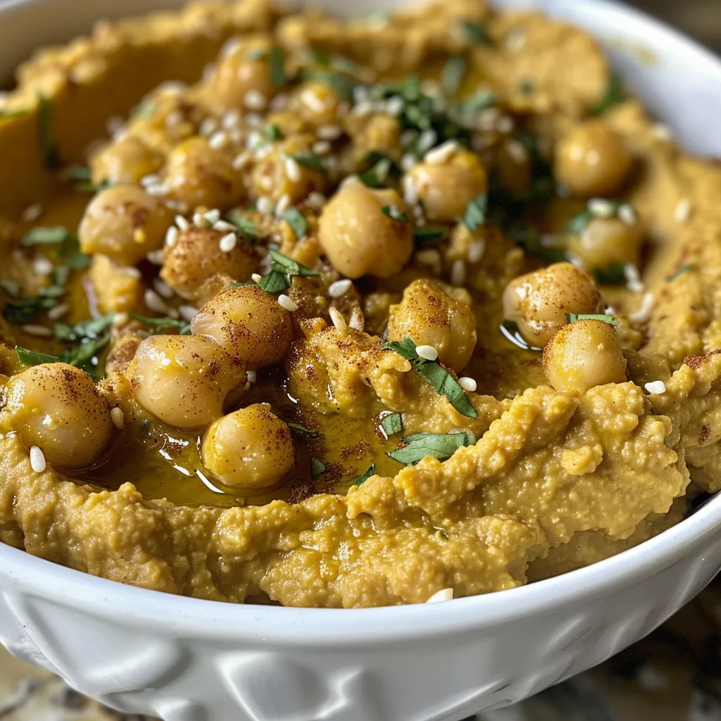 ['Close-up view of creamy pumpkin hummus served in a bowl, garnished with olive oil and pumpkin seeds.', 'Side angle of vibrant orange pumpkin hummus alongside a plate of crackers and sprinkled with salt flakes.', 'Rich pumpkin hummus in a rustic bowl, showcasing a drizzle of olive oil and scattered pumpkin seeds.', 'Delicious pumpkin hummus presented with a colorful array of crackers and a hint of seasoning on top.']