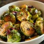 ['Close-up view of crispy balsamic-glazed Brussels sprouts with scattered dried cranberries.', 'Side view of roasted Brussels sprouts glistening with balsamic glaze and topped with cranberries.', 'Juicy Brussels sprouts coated in a rich balsamic glaze, adorned with dried cranberries.', 'A plate of crispy Brussels sprouts drizzled with balsamic, featuring vibrant dried cranberries.']