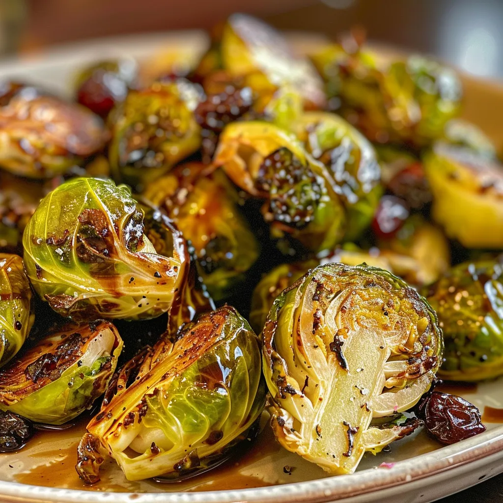 ['Close-up view of crispy balsamic-glazed Brussels sprouts with scattered dried cranberries.', 'Side view of roasted Brussels sprouts glistening with balsamic glaze and topped with cranberries.', 'Juicy Brussels sprouts coated in a rich balsamic glaze, adorned with dried cranberries.', 'A plate of crispy Brussels sprouts drizzled with balsamic, featuring vibrant dried cranberries.']