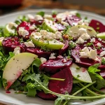 ['A vibrant beet salad with slices of goat cheese, greens, and apple, drizzled with balsamic dressing.', 'Close-up view of a colorful beet salad featuring goat cheese, walnuts, and fresh salad greens.', 'A side view of a delicious beet salad topped with crumbled goat cheese and balsamic vinaigrette.', 'Juicy beet salad presented with sliced green apples, walnuts, and microgreens, sprinkled with sea salt.']