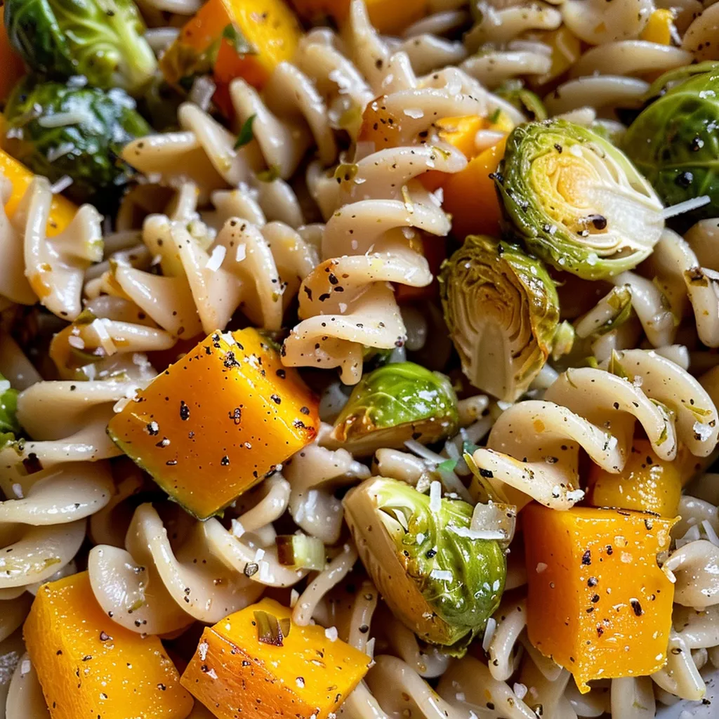 ['Close-up view of Fall Vegetable Pasta featuring butternut squash, Brussels sprouts, and Parmesan.', 'Delicious bowl of pasta with roasted vegetables, garnished with grated cheese.', 'Close-up shot of colorful Fall Vegetable Pasta highlighting ingredients like garlic and shallots.', 'Side view of a vibrant Fall Vegetable Pasta dish, showcasing seasonal vegetables and olive oil drizzle.']