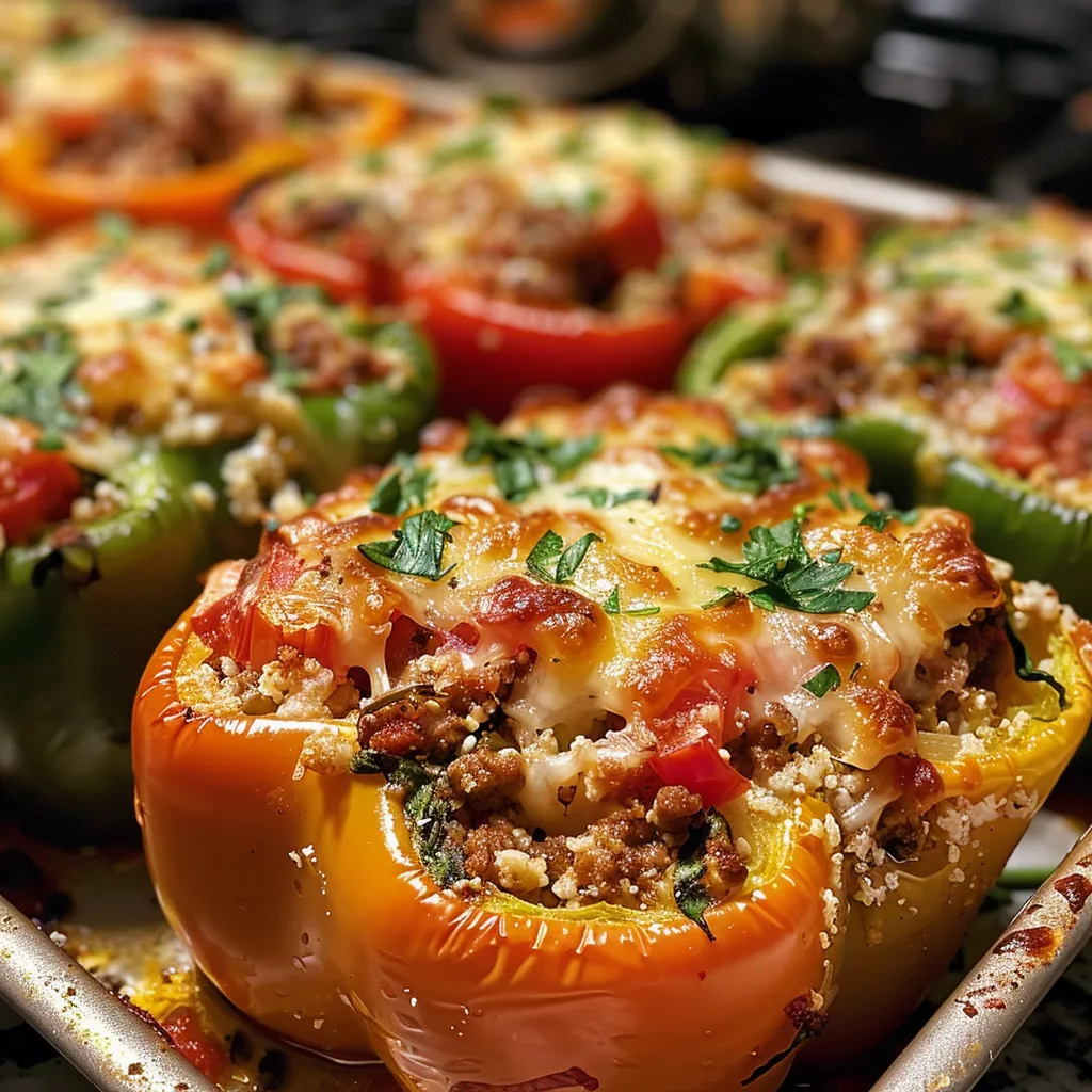 ['Close-up view of fresh Cauliflower Rice-Stuffed Peppers on a plate.', 'Juicy Cauliflower Rice-Stuffed Peppers with colorful bell pepper shells.', 'Side view of vibrant stuffed peppers filled with cauliflower rice and ground beef.', 'Deliciously baked Cauliflower Rice-Stuffed Peppers ready to serve.']