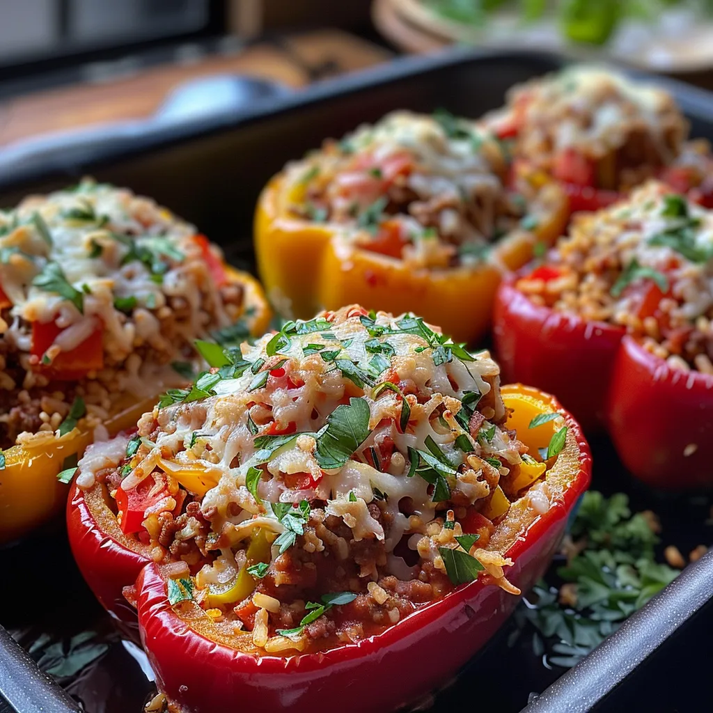 ['Close-up view of fresh Cauliflower Rice-Stuffed Peppers on a plate.', 'Juicy Cauliflower Rice-Stuffed Peppers with colorful bell pepper shells.', 'Side view of vibrant stuffed peppers filled with cauliflower rice and ground beef.', 'Deliciously baked Cauliflower Rice-Stuffed Peppers ready to serve.']