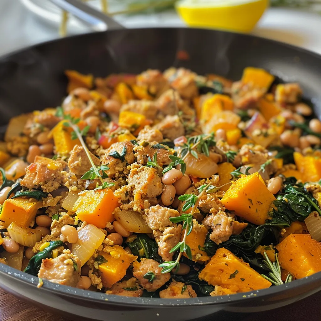 ['Close-up view of a Pumpkin Turkey Skillet, showcasing cooked turkey, pumpkin puree, and spinach.', 'Side angle of a skillet filled with ground turkey, vibrant pumpkin, and leafy spinach.', 'Juicy, colorful Pumpkin Turkey Skillet with visible ingredients including turkey, pumpkin, and herbs.', 'A skillet brimming with a savory mixture of pumpkin, ground turkey, beans, and greens.']