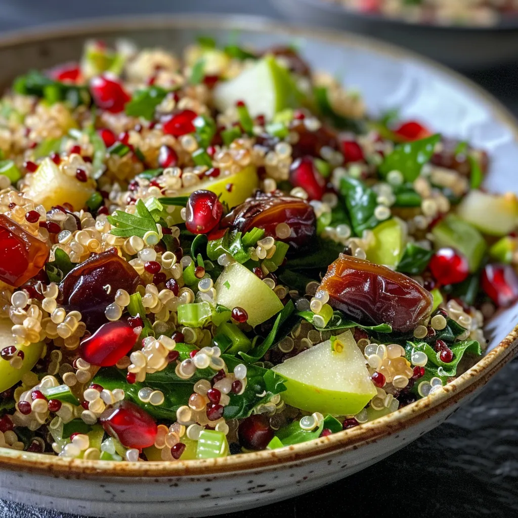 ['A colorful Detox Quinoa Salad featuring quinoa, pomegranate seeds, and diced green apple in a bowl.', 'Close-up view of a vibrant Detox Quinoa Salad with spinach, olive oil dressing, and garnishes.', 'Fresh ingredients of Detox Quinoa Salad, including quinoa, pomegranate, and green apple, arranged beautifully.', 'A healthy Detox Quinoa Salad displayed with bright pomegranate seeds and greens, topped with a vinaigrette.']