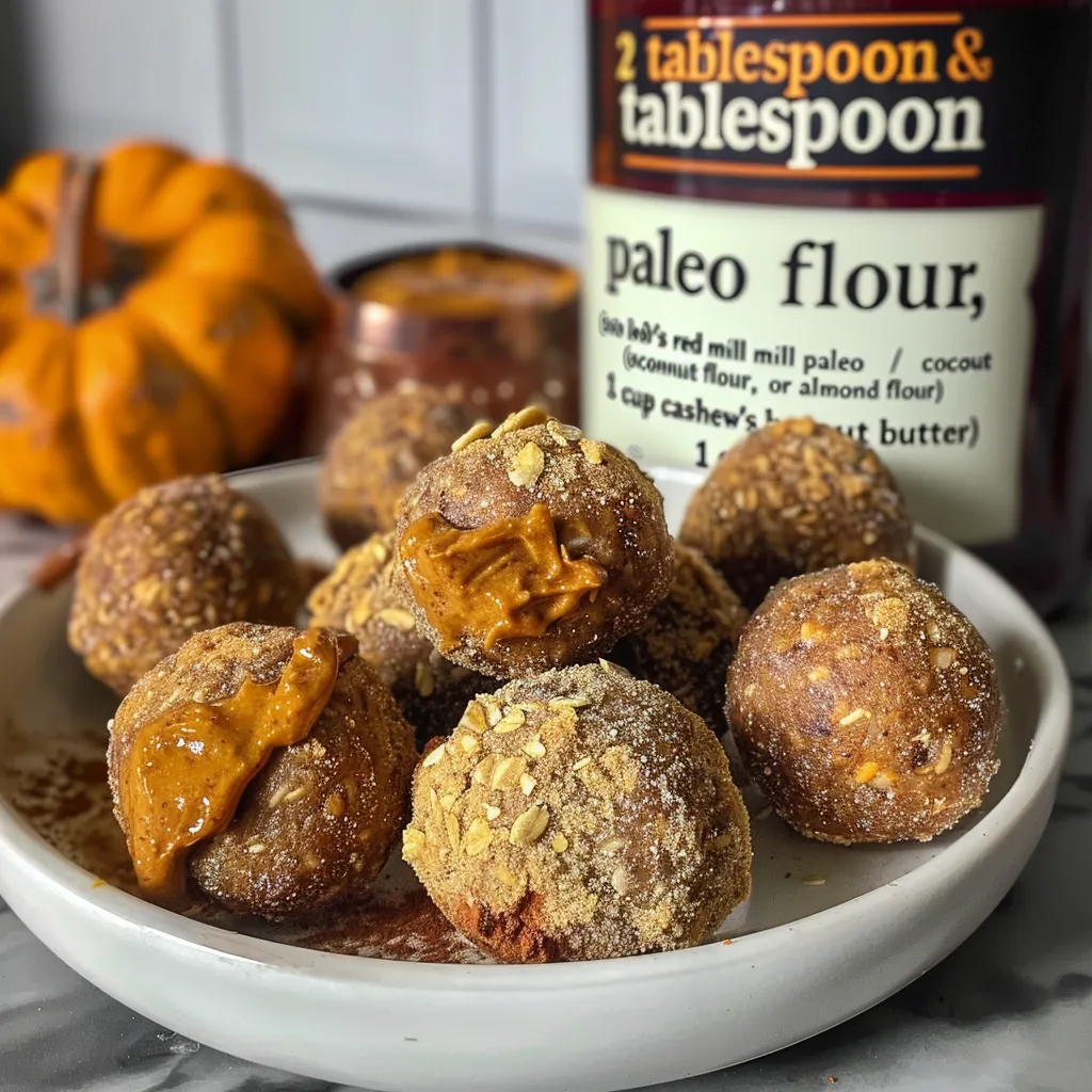 ['Close-up of healthy pumpkin pie energy balls on a wooden board.', 'Side view of energy balls resembling pumpkin pie with spices scattered around.', 'A cluster of no-bake pumpkin pie energy balls, showcasing texture and ingredients.', 'Juicy, healthy energy balls made from pumpkin and nuts, captured in natural light.']