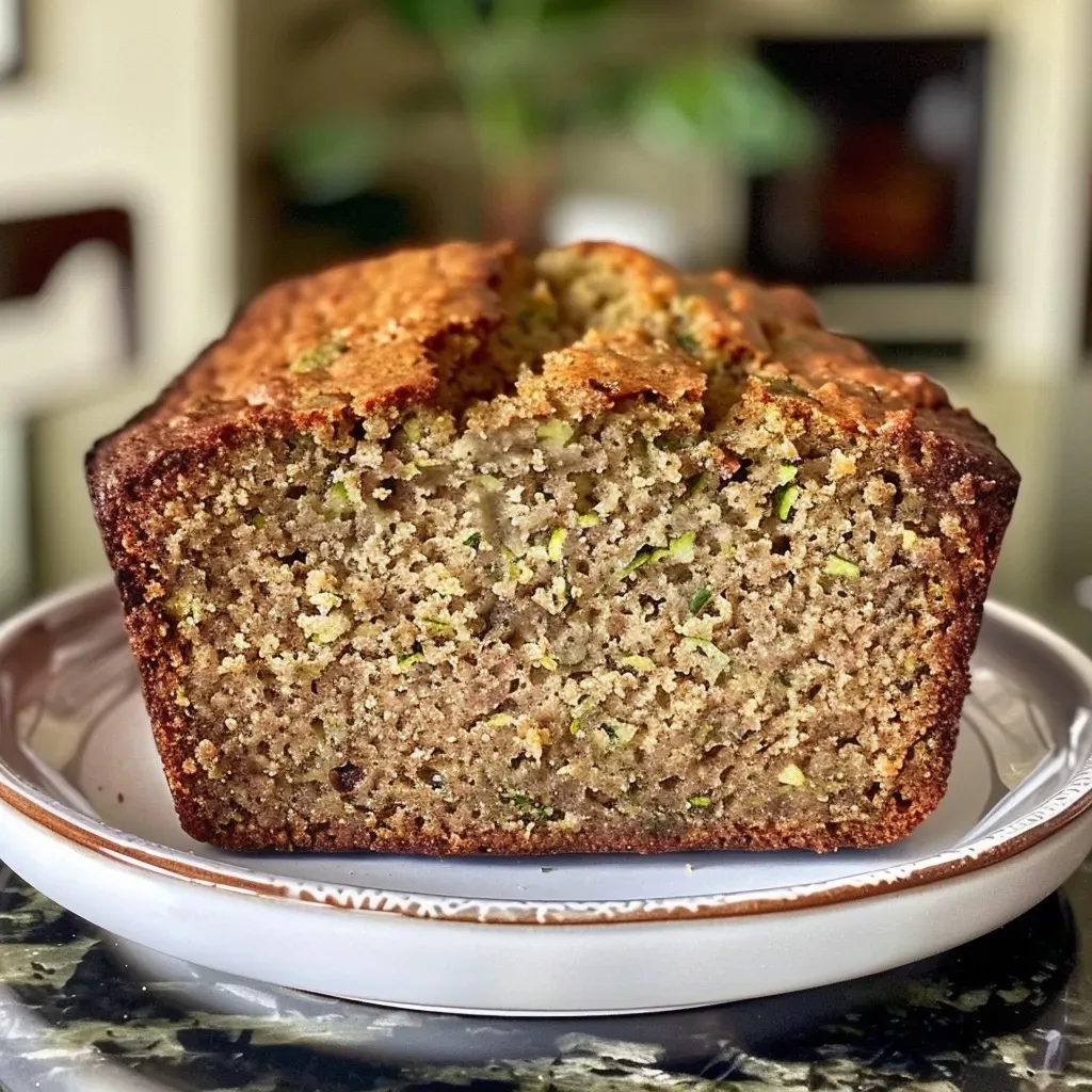 ['Close-up of moist Zucchini Banana Bread, showcasing a golden brown crust and moist interior.', 'Side view of Zucchini Banana Bread with a slice cut out, revealing its soft texture and flecks of zucchini.', 'Luscious Zucchini Banana Bread on a wooden cutting board, highlighting the blend of zucchini and banana in the loaf.', 'Freshly baked Zucchini Banana Bread, displaying its rich color and appetizing appearance.']