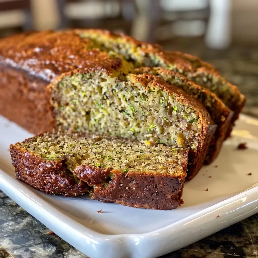 Close-up side view of moist zucchini banana bread with a golden crust and visible banana pieces.