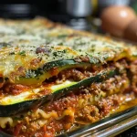 ['Close-up of a slice of zucchini lasagna with layers of cheese and meat visible.', 'Side view of a juicy zucchini lasagna showcasing its cheesy, saucy layers.', 'Detailed shot of zucchini lasagna with melted cheese, ground beef, and fresh zucchini.', 'Image of a baked zucchini lasagna slice on a plate, highlighting its texture and ingredients.']