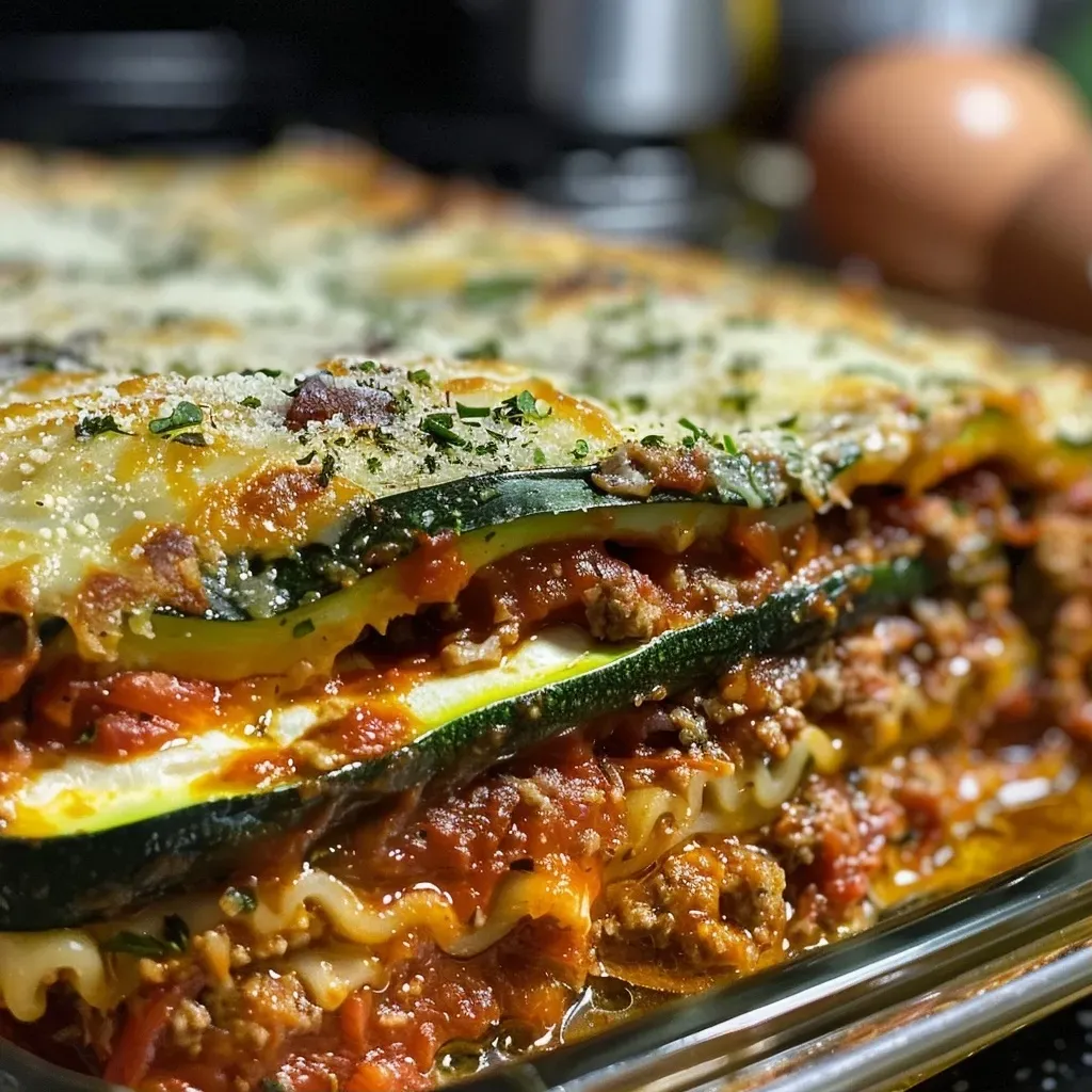 ['Close-up of a slice of zucchini lasagna with layers of cheese and meat visible.', 'Side view of a juicy zucchini lasagna showcasing its cheesy, saucy layers.', 'Detailed shot of zucchini lasagna with melted cheese, ground beef, and fresh zucchini.', 'Image of a baked zucchini lasagna slice on a plate, highlighting its texture and ingredients.']