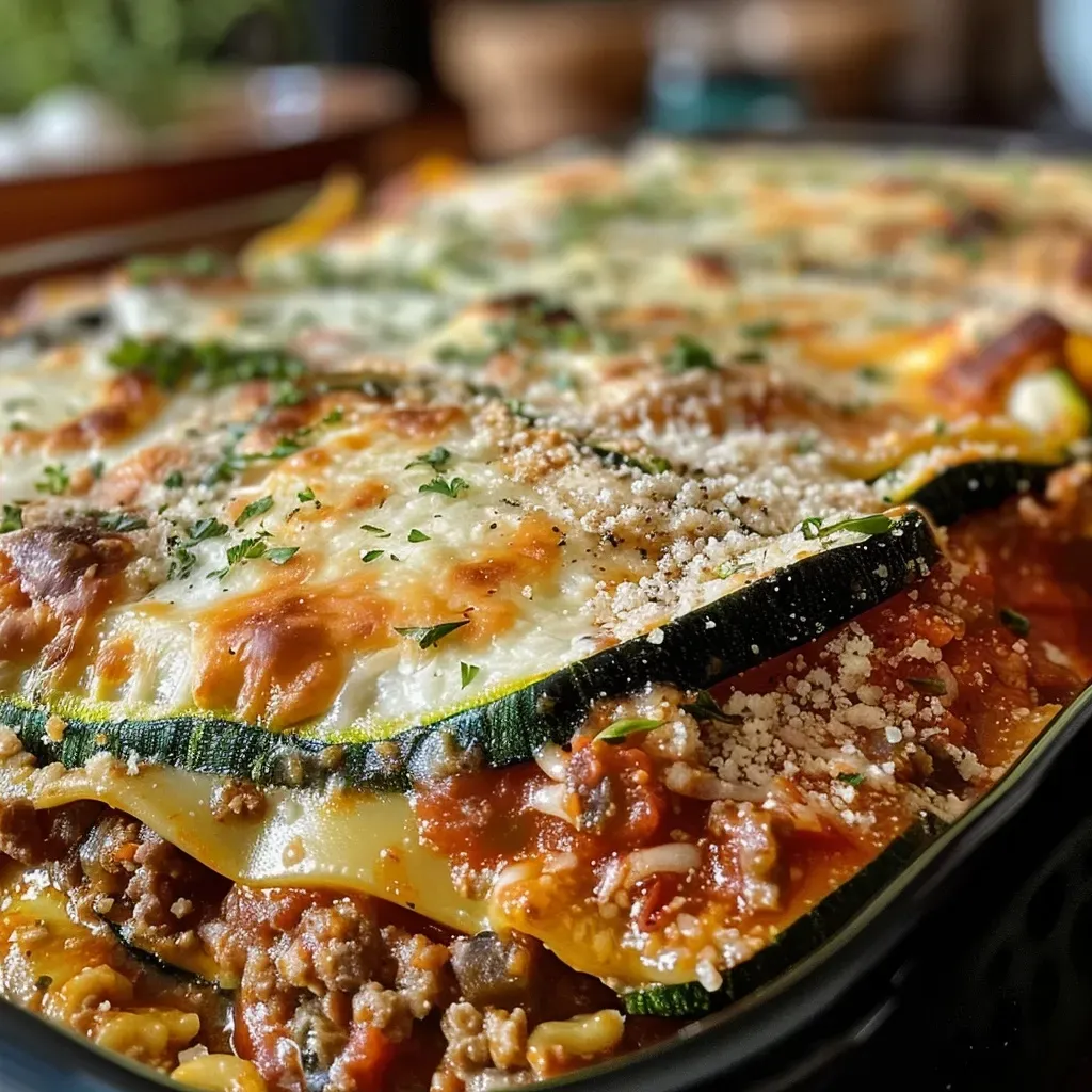 ['Close-up of a slice of zucchini lasagna with layers of cheese and meat visible.', 'Side view of a juicy zucchini lasagna showcasing its cheesy, saucy layers.', 'Detailed shot of zucchini lasagna with melted cheese, ground beef, and fresh zucchini.', 'Image of a baked zucchini lasagna slice on a plate, highlighting its texture and ingredients.']