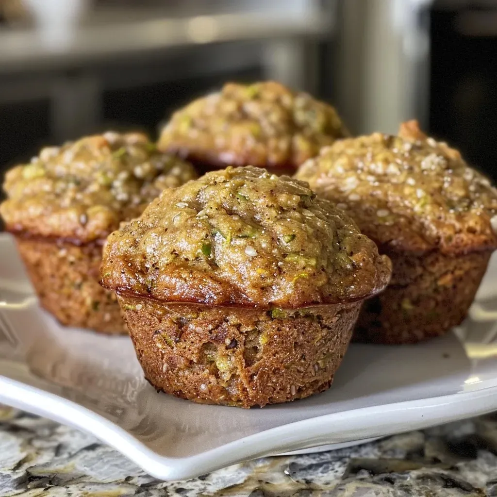 ['Close-up view of a freshly baked zucchini muffin with a golden brown top.', 'Side view of moist zucchini muffins displayed on a wooden surface.', 'Juicy zucchini muffins showcasing a fluffy texture and rich color.', 'Detailed shot of individual zucchini muffins, highlighting their inviting surface.']