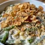 Juicy Air Fryer Green Bean Casserole in a dish, topped with crispy fried onions.