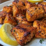 Juicy air fryer salmon bites garnished with lemon wedges on a plate.