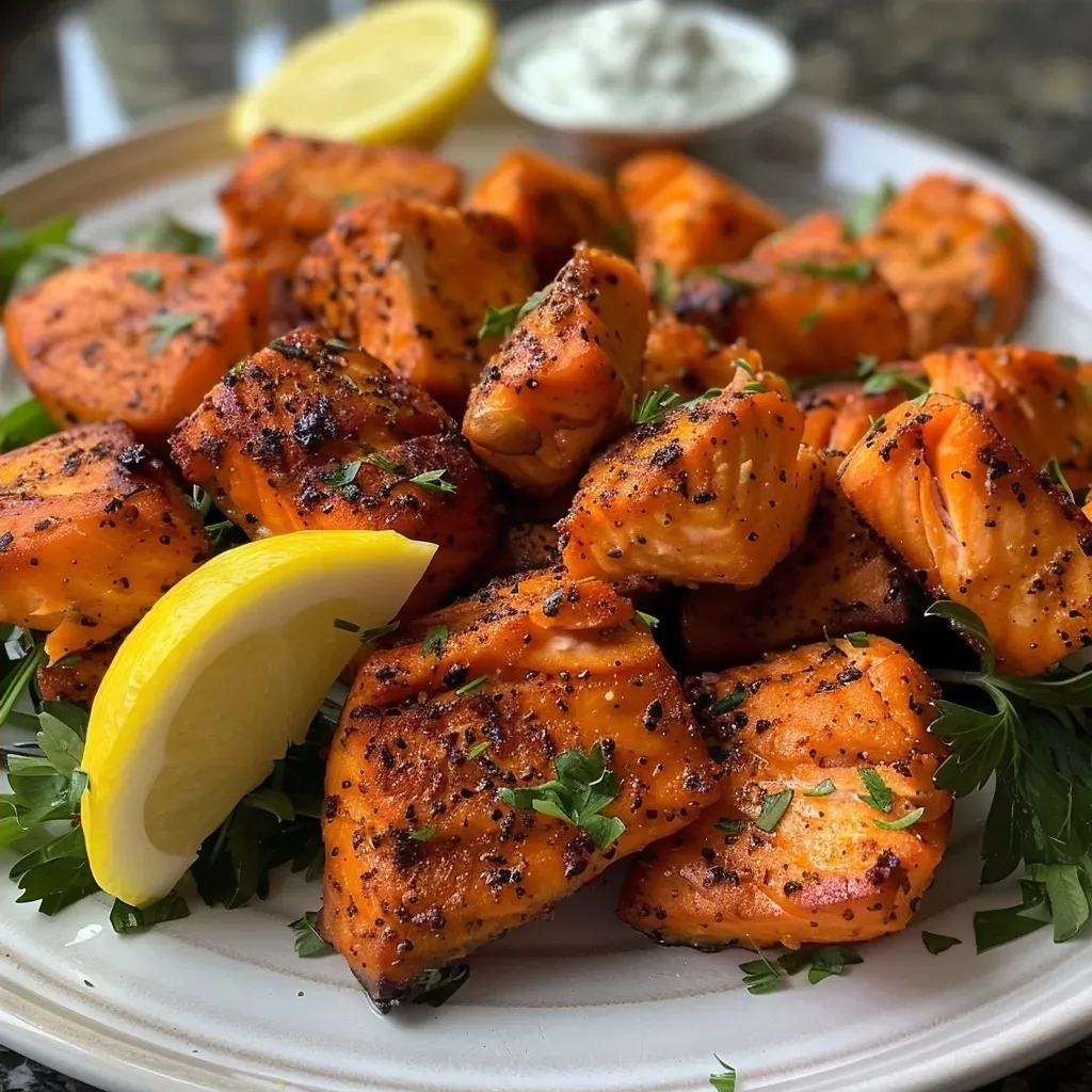 Close-up of golden-brown salmon cubes seasoned and served with spicy mayo.