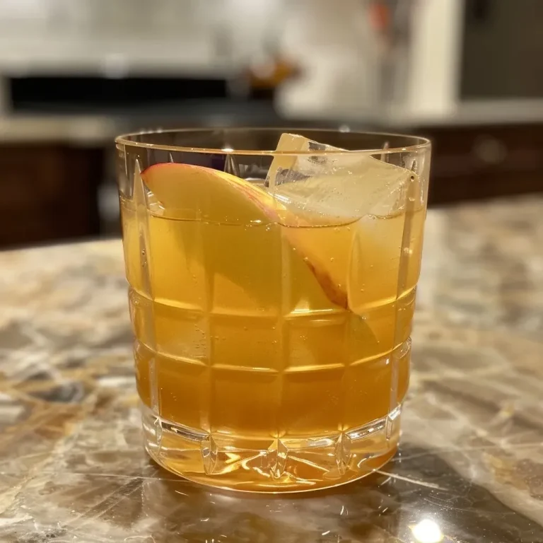 Close-up of a glass filled with a golden Apple Cider Bourbon Cocktail, garnished with a cinnamon stick.