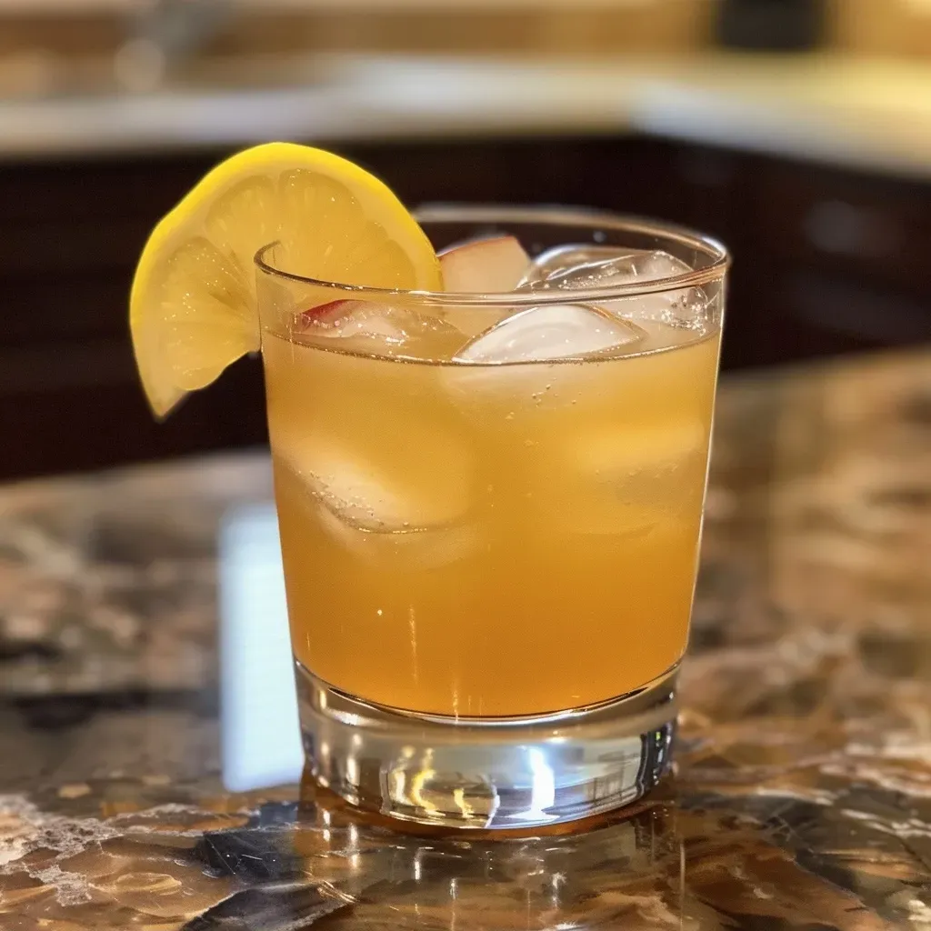 Side view of a refreshing Apple Cider Bourbon Cocktail in a clear glass, showcasing its rich color and garnish.