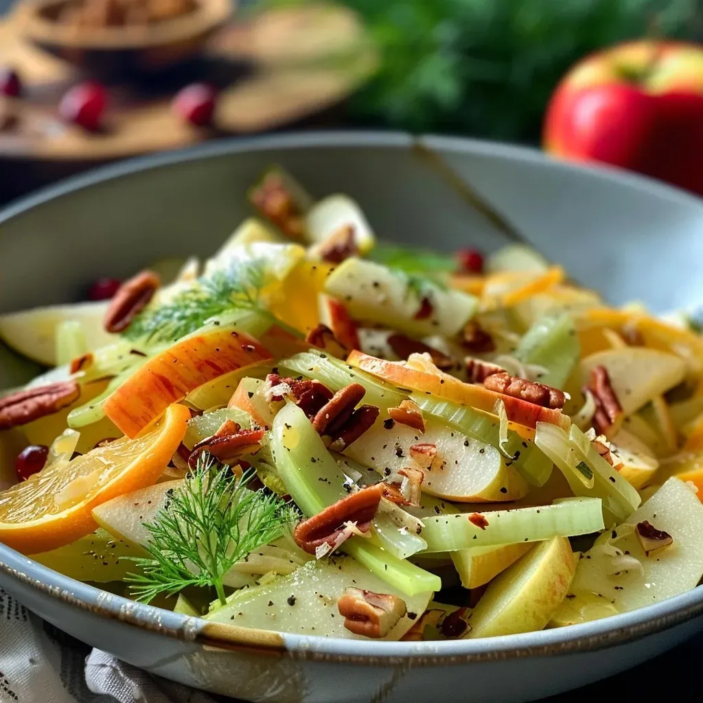 Juicy Apple Fennel Salad showcasing sliced apples, fennel, and cranberries.