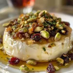 Close-up view of melted Baked Brie topped with honey and colorful nuts.
