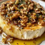 Close-up view of baked brie cheese drizzled with honey, garnished with walnuts and thyme.
