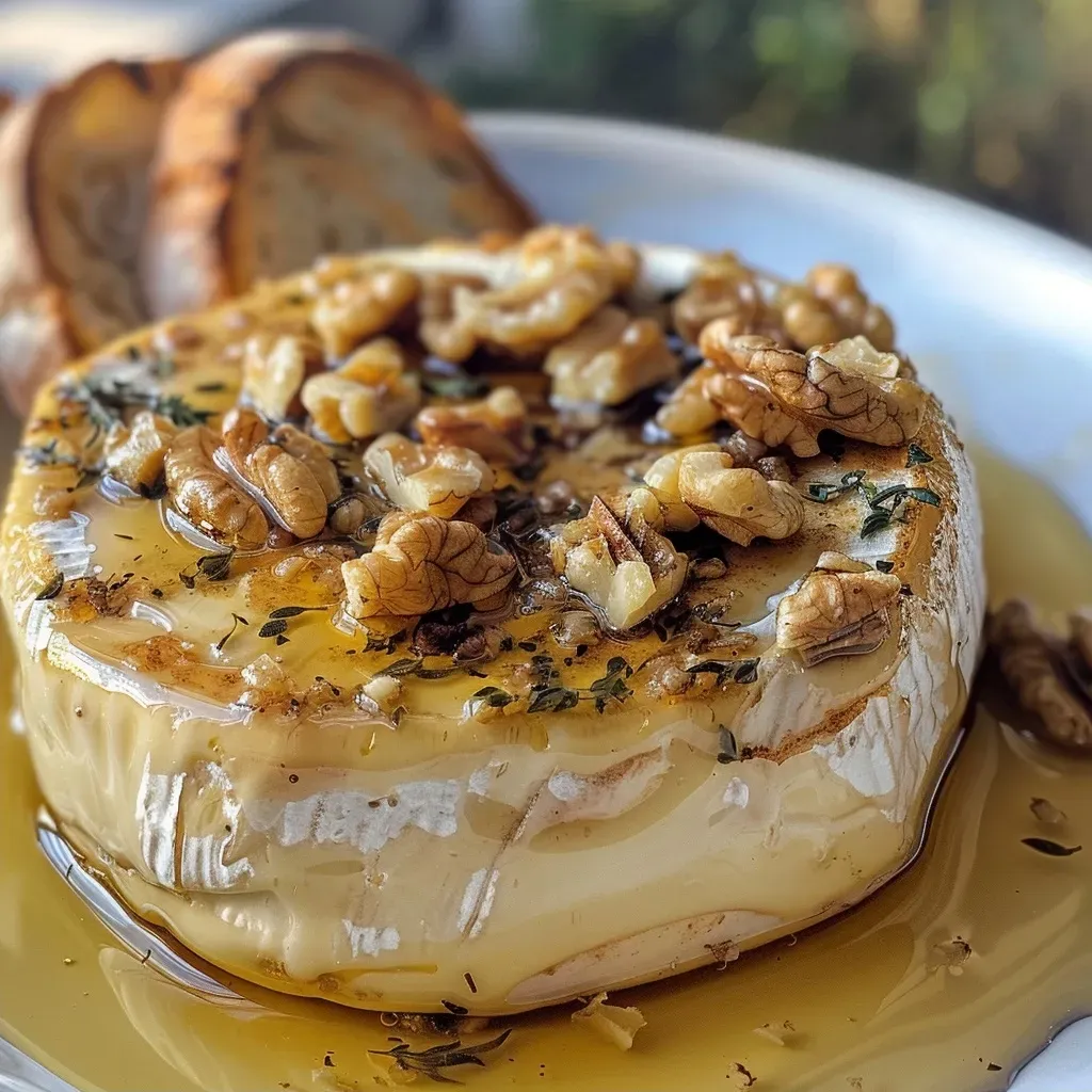 Portion of baked brie topped with honey and chopped walnuts, served with baguette slices.