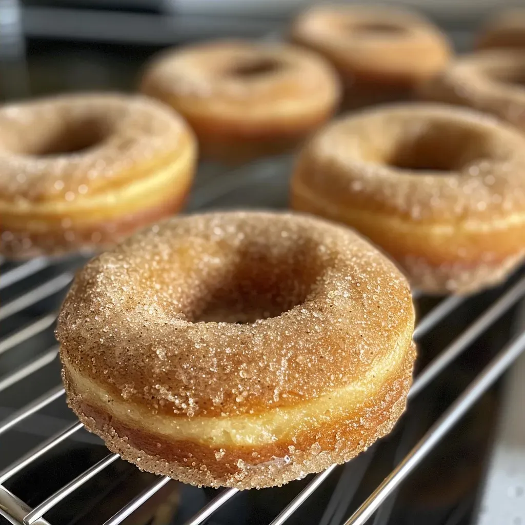 Side view of a fluffy baked donut coated in cinnamon sugar, showcasing its soft texture.