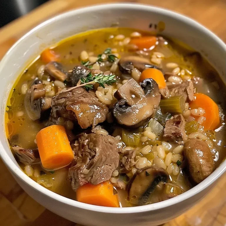 Comfort in a Bowl: Hearty Beef Barley Soup for Every Day A close-up view of a steaming bowl of beef barley soup, showcasing chunks of beef and vegetables.