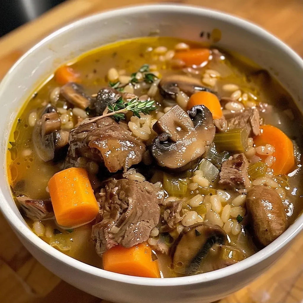A close-up view of a steaming bowl of beef barley soup, showcasing chunks of beef and vegetables.