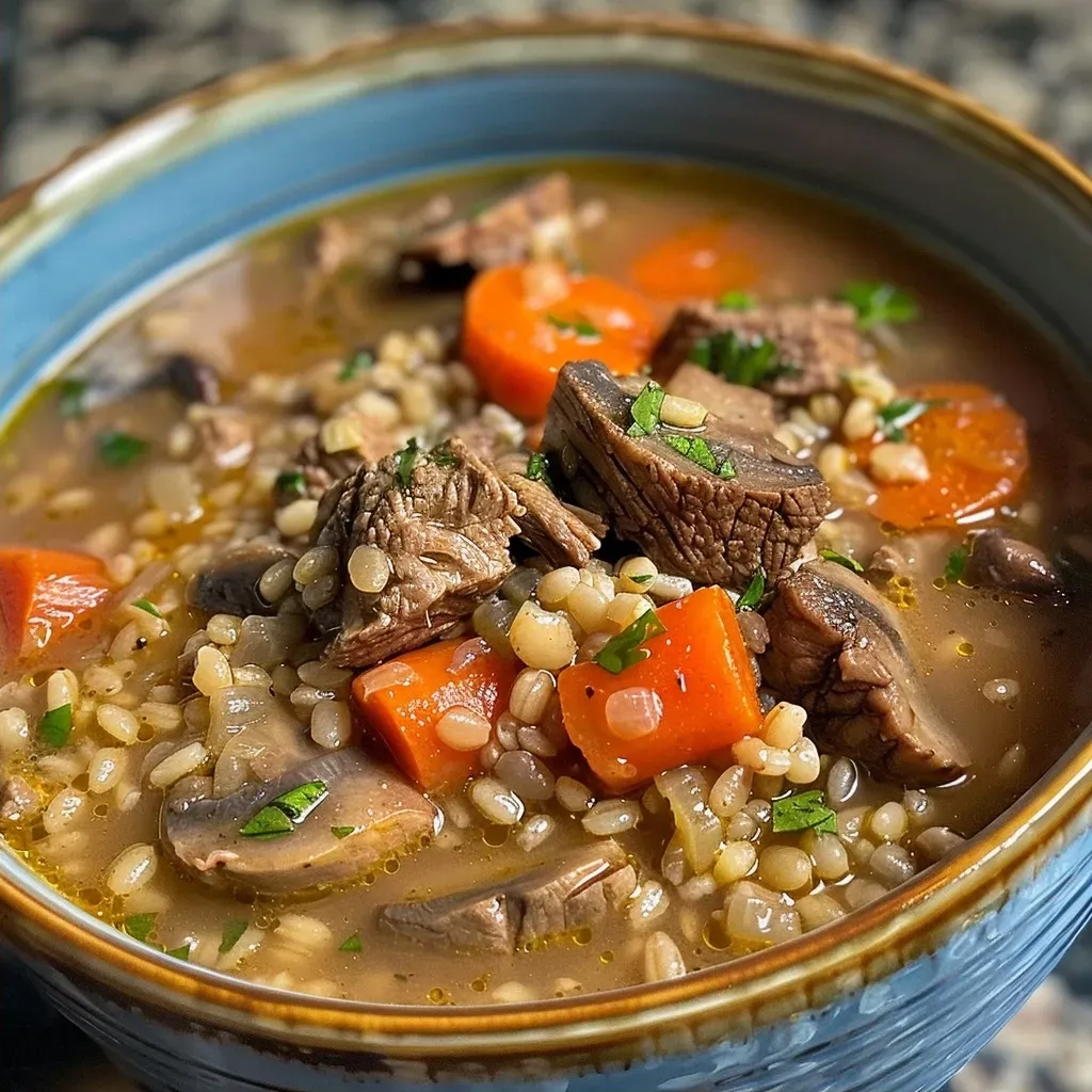 Side view of a hearty beef barley soup, filled with mushrooms, carrots, and barley.