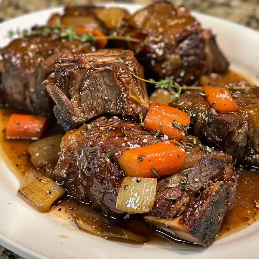Close-up of juicy braised short ribs garnished with herbs.