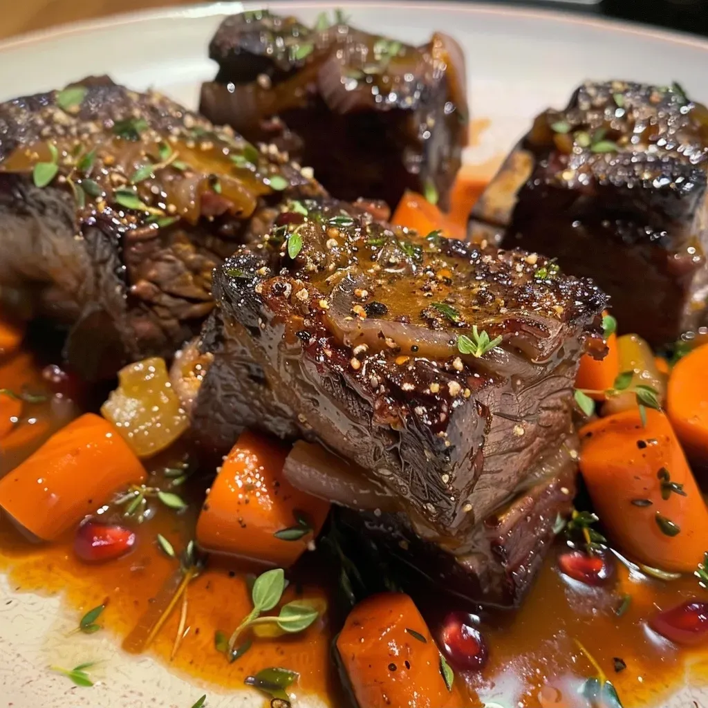 Side view of tender braised short ribs on a plate with vegetables.