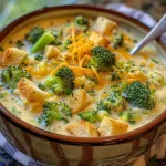 Close-up view of a creamy broccoli cheddar soup with visible broccoli chunks and melted cheese.