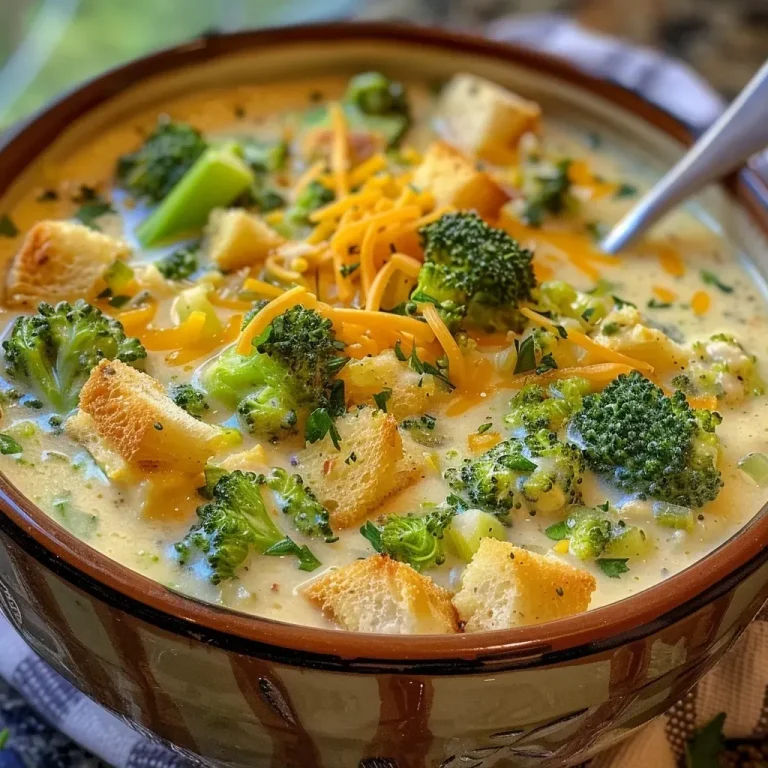 Cozy Up with This Easy Broccoli Cheddar Soup Recipe Close-up view of a creamy broccoli cheddar soup with visible broccoli chunks and melted cheese.