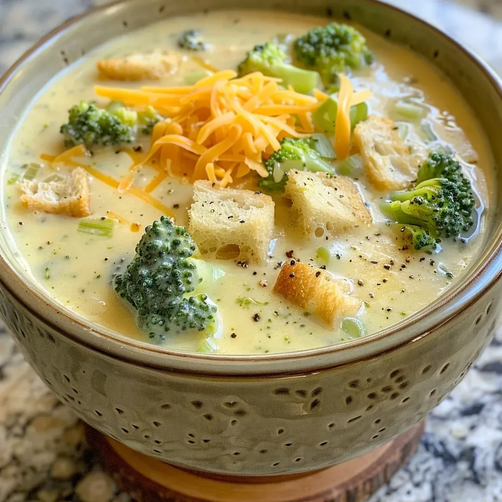 Delicious broccoli cheddar soup in a bowl, showcasing its rich texture and vibrant green broccoli.