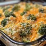 Close-up view of a Broccoli Rice and Cheese Casserole with a golden-brown top.