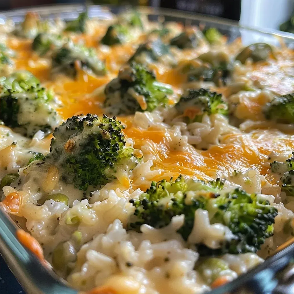 Side view of a creamy Broccoli Rice and Cheese Casserole with melted cheese visible.