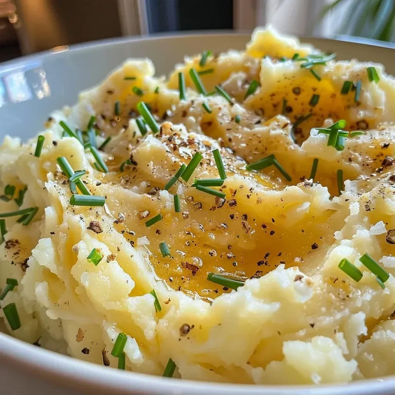 Close-up view of creamy brown butter mashed potatoes topped with chives.