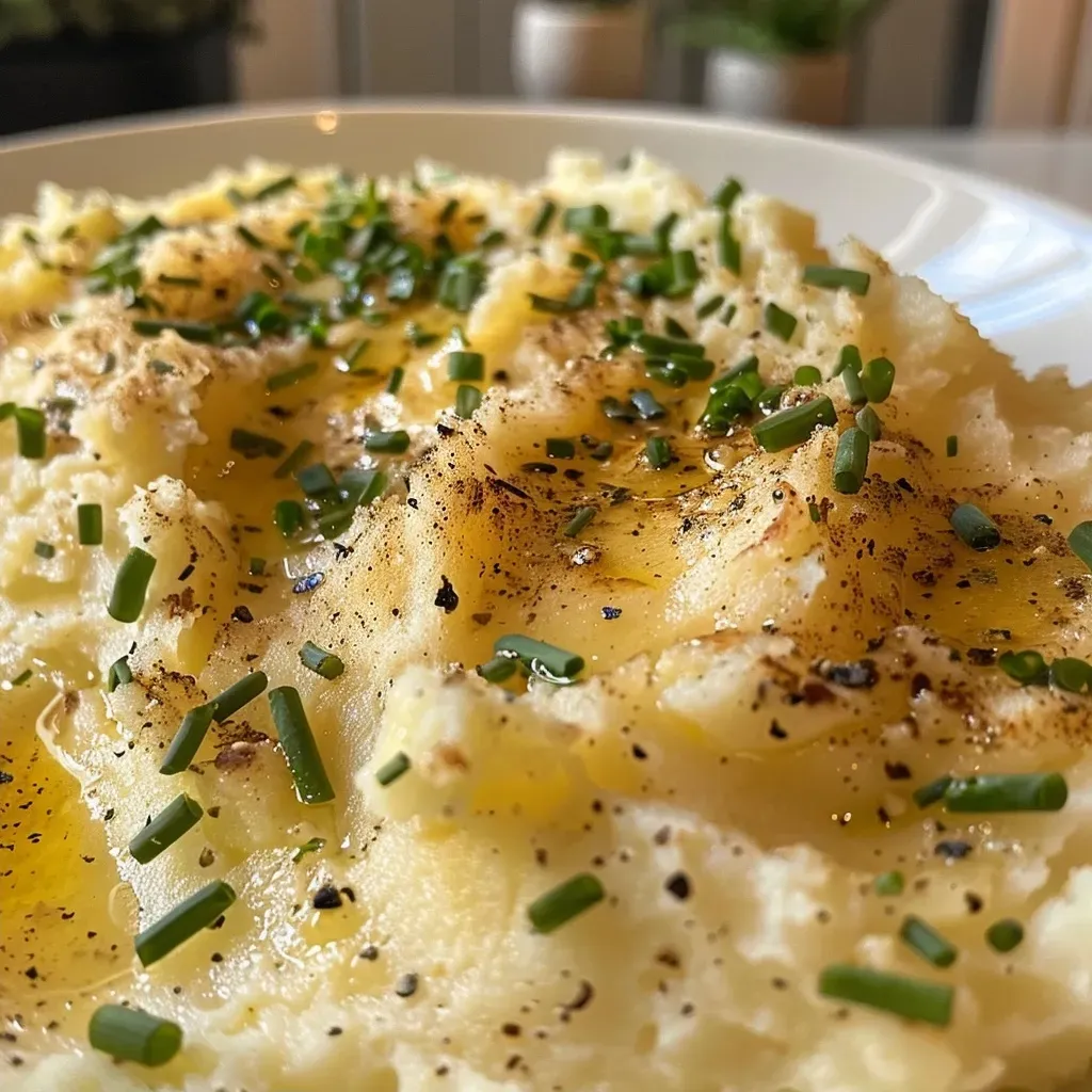 Side image of rich brown butter mashed potatoes, garnished with fresh herbs.