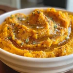 Close-up view of creamy brown butter mashed sweet potatoes.
