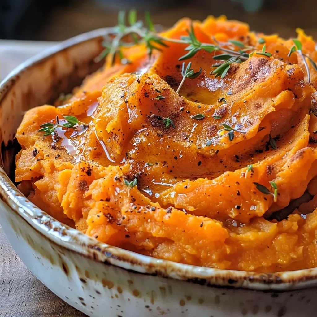 Side view of rich and fluffy brown butter mashed sweet potatoes in a bowl.