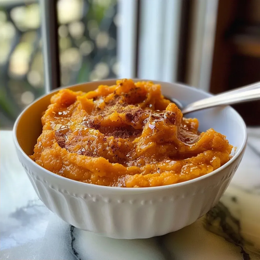 Side view of rich, orange sweet potato mash topped with melted butter.