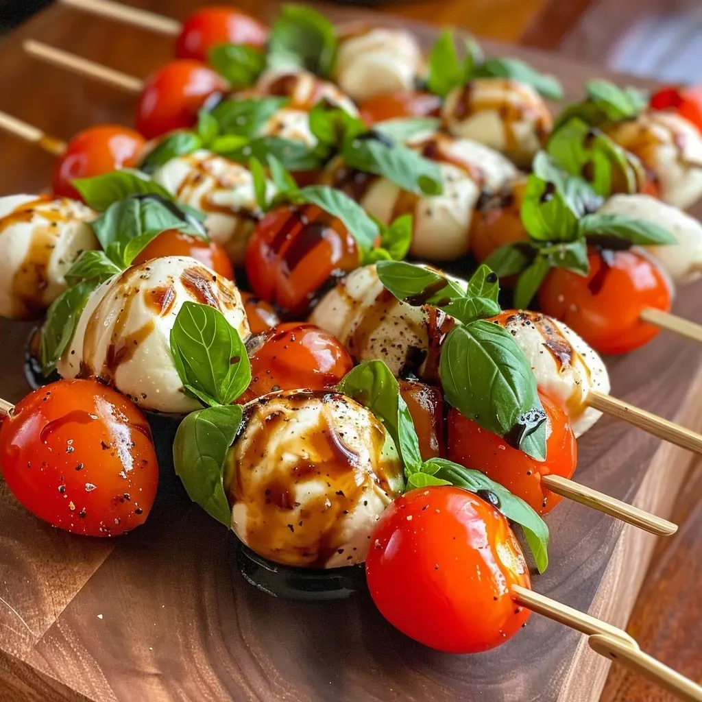 Side view of colorful Caprese skewers featuring fresh mozzarella, basil, and juicy tomatoes arranged artfully.