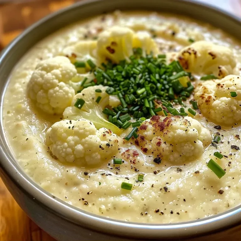 Close-up side view of a creamy cauliflower leek soup in a bowl.