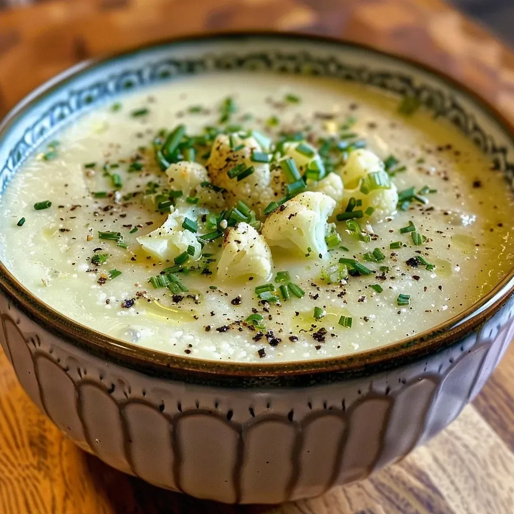 Delicious cauliflower leek soup garnished with herbs and served in a rustic bowl.