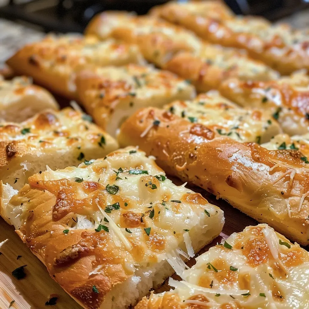 Close-up view of cheesy garlic bread with a golden crust and melted cheese.
