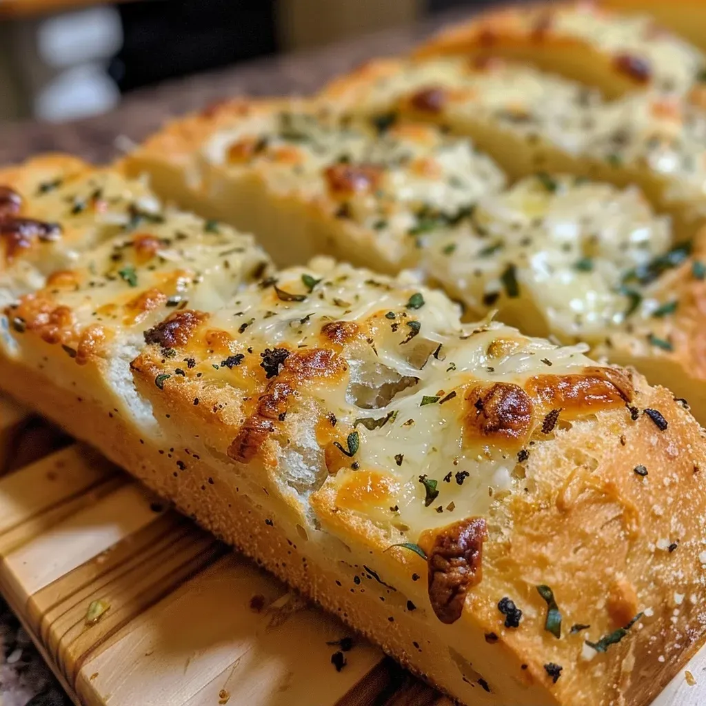Side view of a rustic loaf of garlic bread, oozing with cheese.