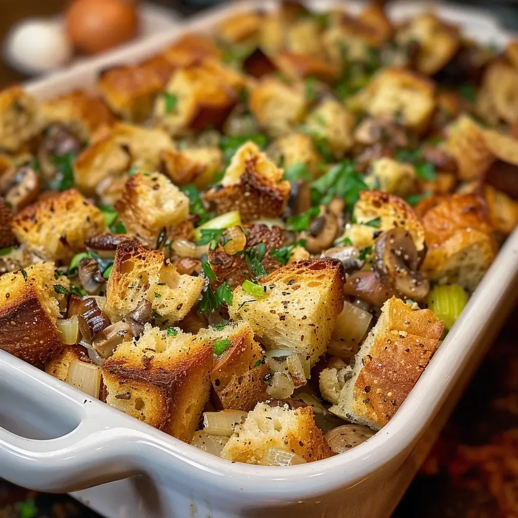 Close-up view of a bowl filled with chestnut stuffing, showcasing a colorful mix of ingredients.