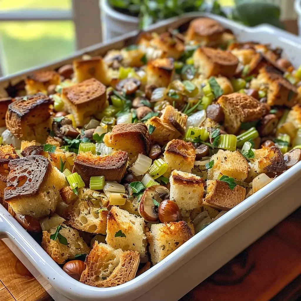 Side view of a delicious chestnut stuffing dish, highlighting the texture and ingredients within.